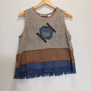 Surya womens large rust brown earthtone patchwork top art top wear blue blouse